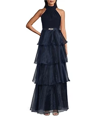Jessica Howard Petite Size Halter Neck Organza Tiered Skirt Gown