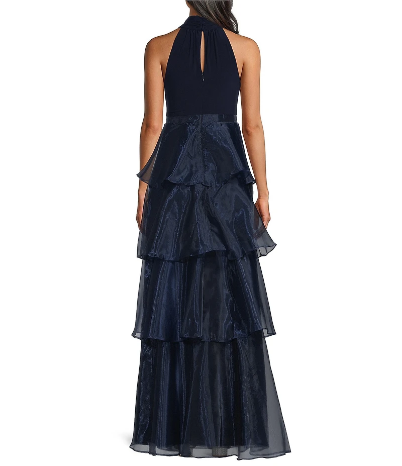 Jessica Howard Petite Size Halter Neck Organza Tiered Skirt Gown