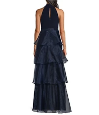 Jessica Howard Petite Size Halter Neck Organza Tiered Skirt Gown
