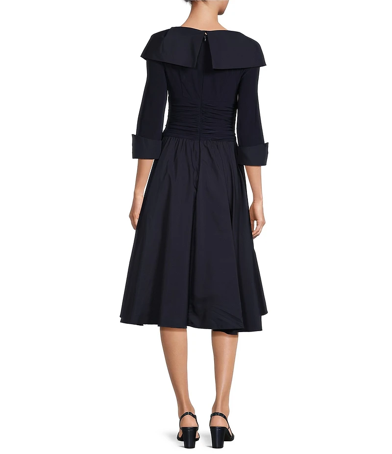 Jessica Howard Petite Size Jersey Taffeta Rhinestone 3/4 Sleeve Portrait Collar Ruched A-Line Midi Dress