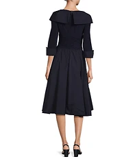Jessica Howard Petite Size Jersey Taffeta Rhinestone 3/4 Sleeve Portrait Collar Ruched A-Line Midi Dress