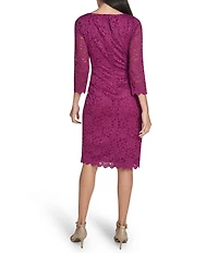 Jessica Howard Petite Size Lace Boat Neck 3/4 Sleeve Side Ruched Embellishment Sheath Dress