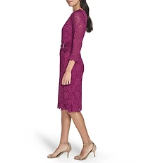 Jessica Howard Petite Size Lace Boat Neck 3/4 Sleeve Side Ruched Embellishment Sheath Dress