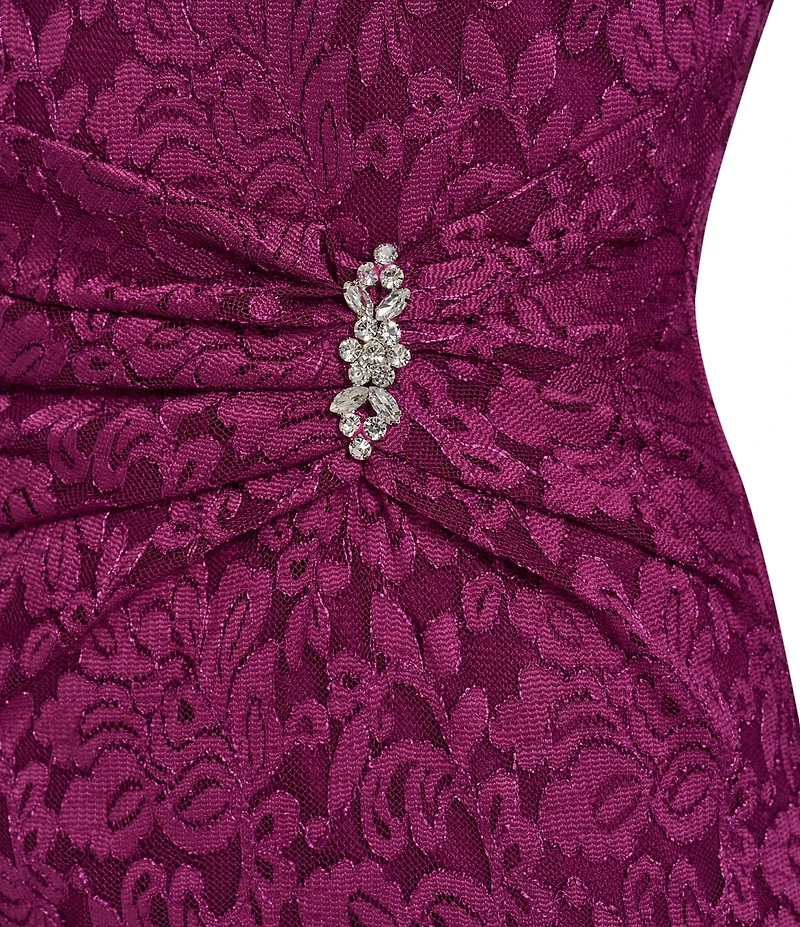 Jessica Howard Petite Size Lace Boat Neck 3/4 Sleeve Side Ruched Embellishment Sheath Dress