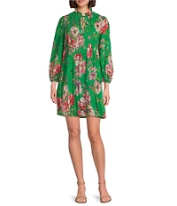 Jessica Howard Petite Size Long Sleeve Split V-Neck Floral Dress