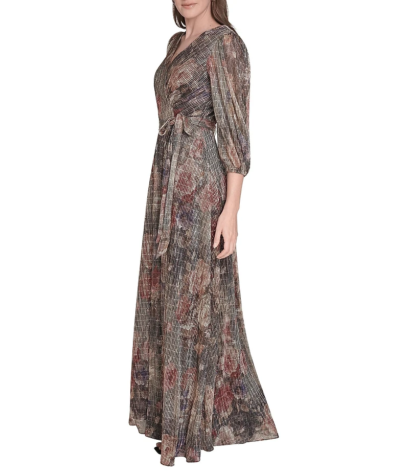 Jessica Howard Petite Size Metallic V-Neck Long Sleeve Gown
