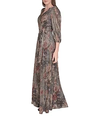 Jessica Howard Petite Size Metallic V-Neck Long Sleeve Gown