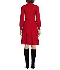 Jessica Howard Petite Size Mock Neck Long Sleeve Pleated Skirt Tie Sash A-Line Midi Sweater Dress