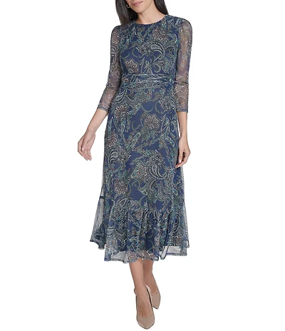 Jessica Howard Petite Size Paisley Print 3/4 Sleeve Round Neck Ruched Bodice Midi Dress