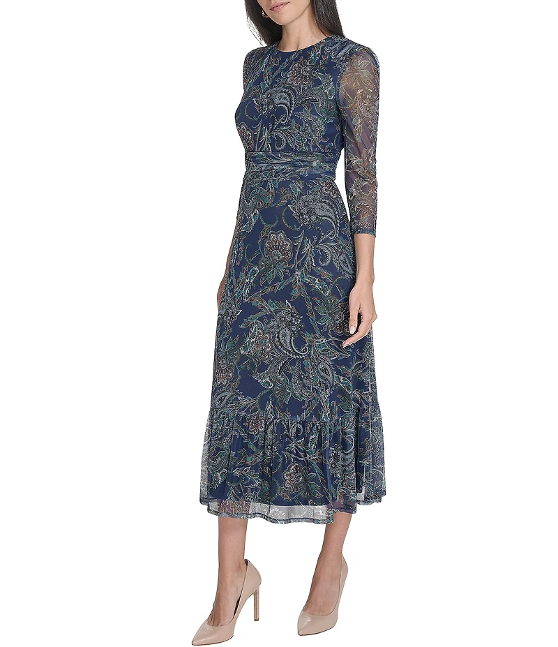 Jessica Howard Petite Size Paisley Print 3/4 Sleeve Round Neck Ruched Bodice Midi Dress