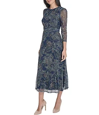 Jessica Howard Petite Size Paisley Print 3/4 Sleeve Round Neck Ruched Bodice Midi Dress