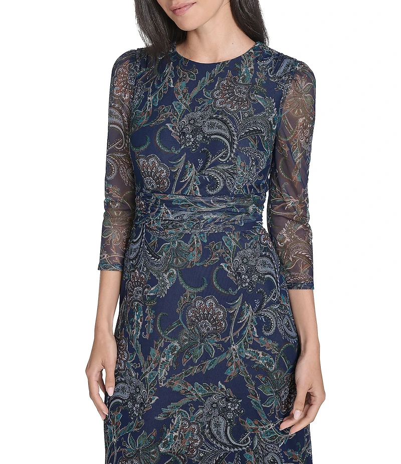 Jessica Howard Petite Size Paisley Print 3/4 Sleeve Round Neck Ruched Bodice Midi Dress