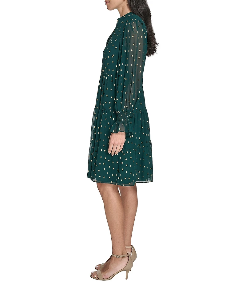 Jessica Howard Petite Size Polka Dot Chiffon Long Sleeve Tiered Skirt Babydoll Dress