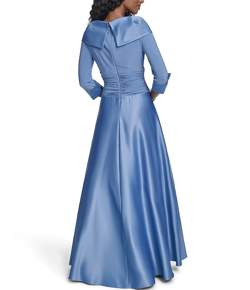 Jessica Howard Petite Size Portrait Collar V-Neck 3/4 Sleeve Rhinestone Cuff Ruched Waist Satin Gown