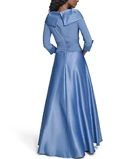 Jessica Howard Petite Size Portrait Collar V-Neck 3/4 Sleeve Rhinestone Cuff Ruched Waist Satin Gown