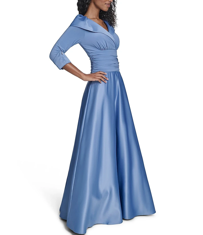 Jessica Howard Petite Size Portrait Collar V-Neck 3/4 Sleeve Rhinestone Cuff Ruched Waist Satin Gown