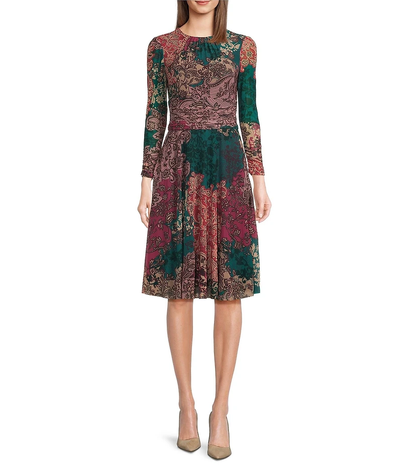Jessica Howard Petite Size Printed Mesh Shirred Crew Neck 3/4 Sleeve Ruched Waist Dress