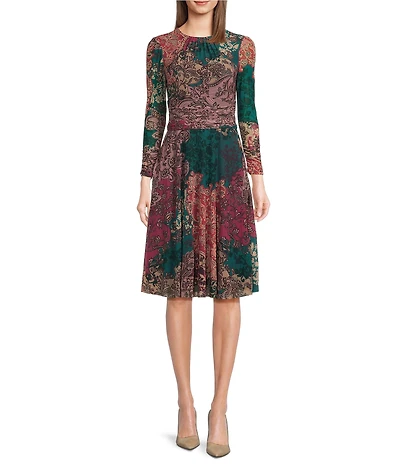 Jessica Howard Petite Size Printed Mesh Shirred Crew Neck 3/4 Sleeve Ruched Waist Dress