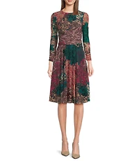 Jessica Howard Petite Size Printed Mesh Shirred Crew Neck 3/4 Sleeve Ruched Waist Dress