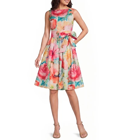 Jessica Howard Petite Size Satin Jacquard Watercolor Floral Print Pleated Dress