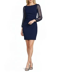 Jessica Howard Petite Size Scuba Crepe Boat Neck Long Sleeve Side Tuck Sheath Dress