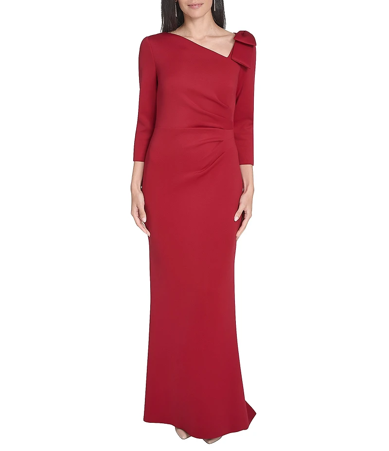 Jessica Howard Petite Size Scuba Knit Asymmetrical Neck 3/4 Sleeve Bow Gown