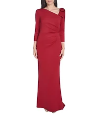 Jessica Howard Petite Size Scuba Knit Asymmetrical Neck 3/4 Sleeve Bow Gown