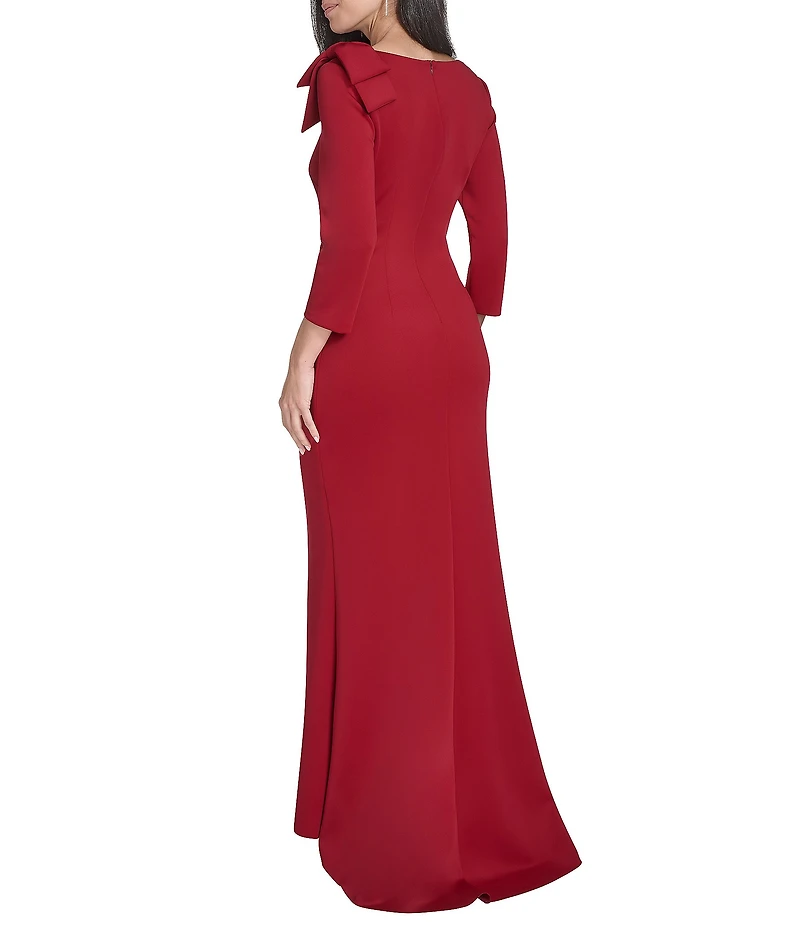 Jessica Howard Petite Size Scuba Knit Asymmetrical Neck 3/4 Sleeve Bow Gown