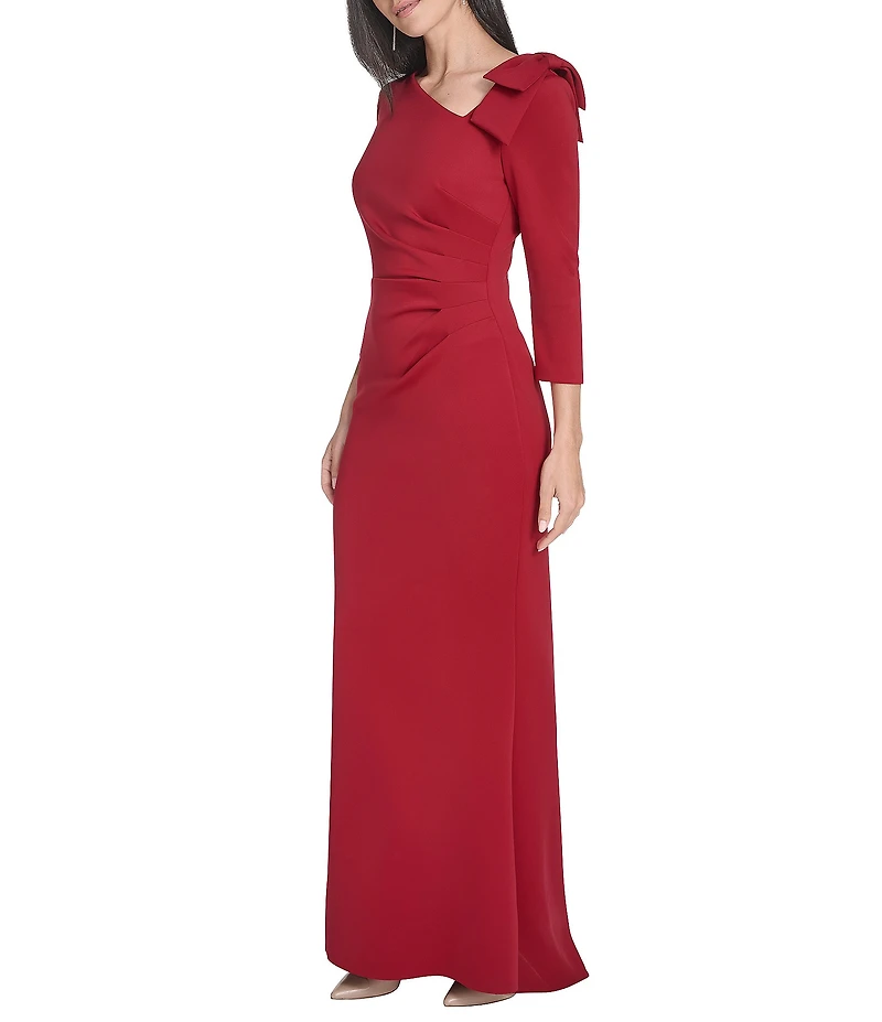 Jessica Howard Petite Size Scuba Knit Asymmetrical Neck 3/4 Sleeve Bow Gown