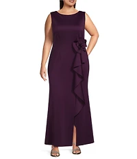 Jessica Howard Petite Size Scuba Knit Sleeveless Cascading Ruffle Long Sheath Dress
