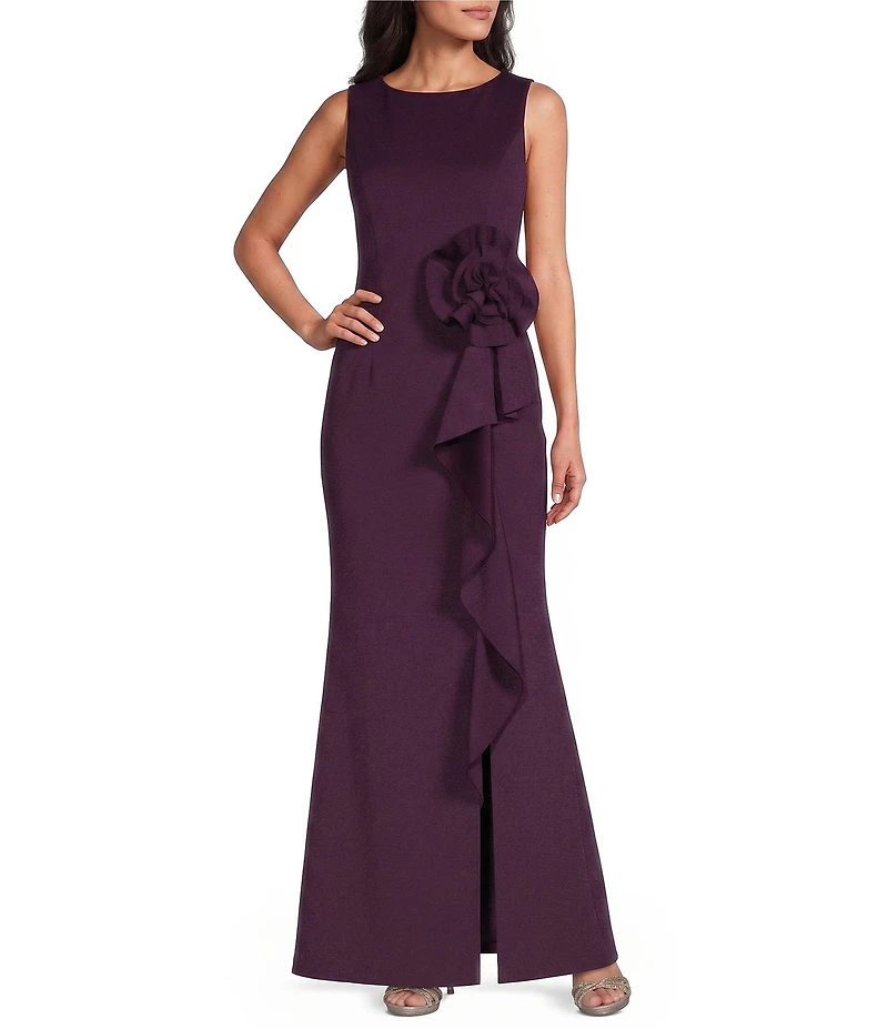 Jessica Howard Petite Size Scuba Knit Sleeveless Cascading Ruffle Long Sheath Dress