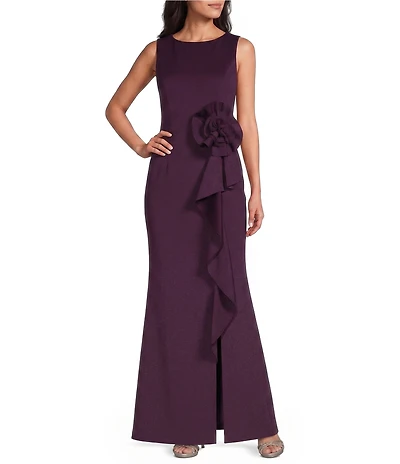Jessica Howard Petite Size Scuba Knit Sleeveless Cascading Ruffle Long Sheath Dress