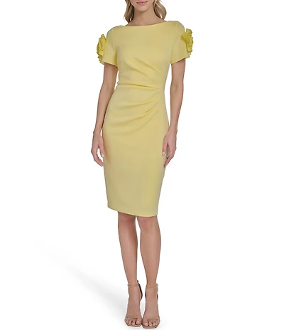 Jessica Howard Petite Size Scuba Rosette Boat Neck Short Sleeve Sheath Knee Length Dress