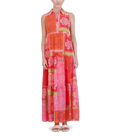Jessica Howard Petite Size Sleeveless Collared Neck Patchwork Print Maxi Dress