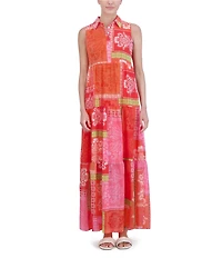 Jessica Howard Petite Size Sleeveless Collared Neck Patchwork Print Maxi Dress