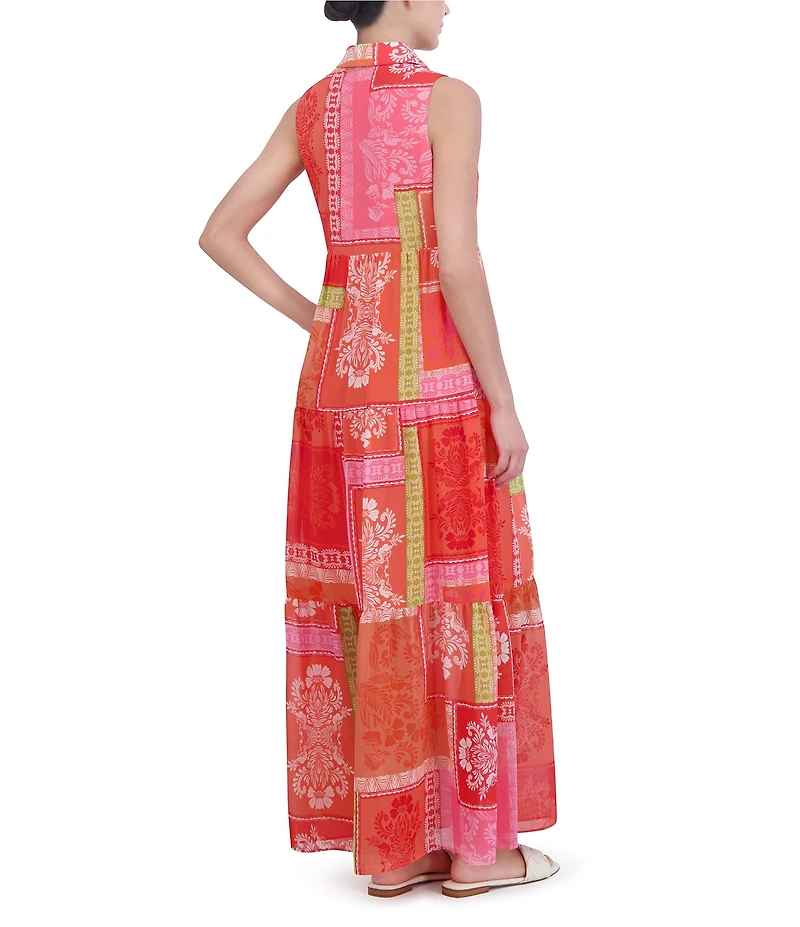 Jessica Howard Petite Size Sleeveless Collared Neck Patchwork Print Maxi Dress