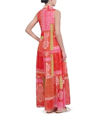 Jessica Howard Petite Size Sleeveless Collared Neck Patchwork Print Maxi Dress