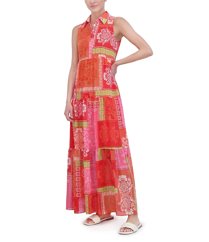Jessica Howard Petite Size Sleeveless Collared Neck Patchwork Print Maxi Dress
