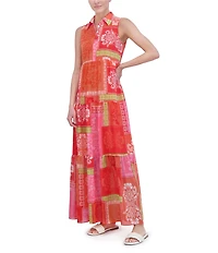 Jessica Howard Petite Size Sleeveless Collared Neck Patchwork Print Maxi Dress