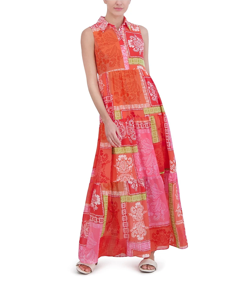 Jessica Howard Petite Size Sleeveless Collared Neck Patchwork Print Maxi Dress
