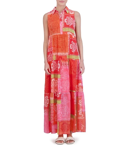 Jessica Howard Petite Size Sleeveless Collared Neck Patchwork Print Maxi Dress