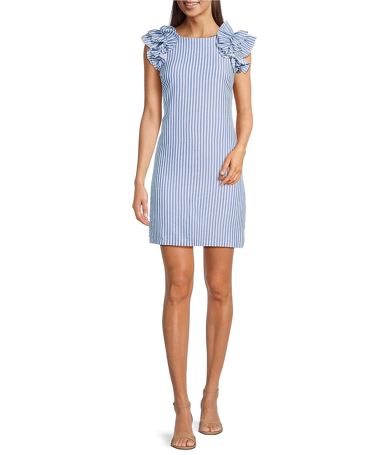 Jessica Howard Petite Size Stripe Seersucker Crew Neck Ruffle Shoulder Sleeveless Shift Dress