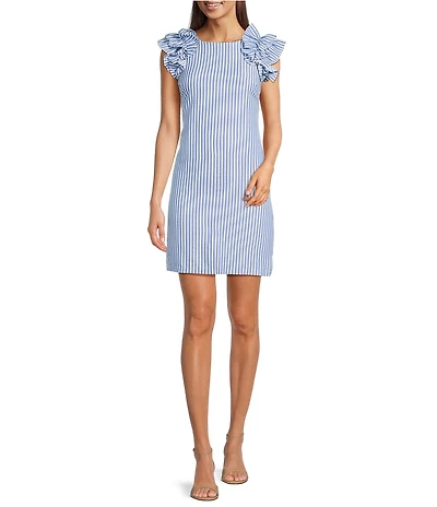 Jessica Howard Petite Size Stripe Seersucker Crew Neck Ruffle Shoulder Sleeveless Shift Dress