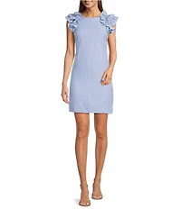 Jessica Howard Petite Size Stripe Seersucker Crew Neck Ruffle Shoulder Sleeveless Shift Dress