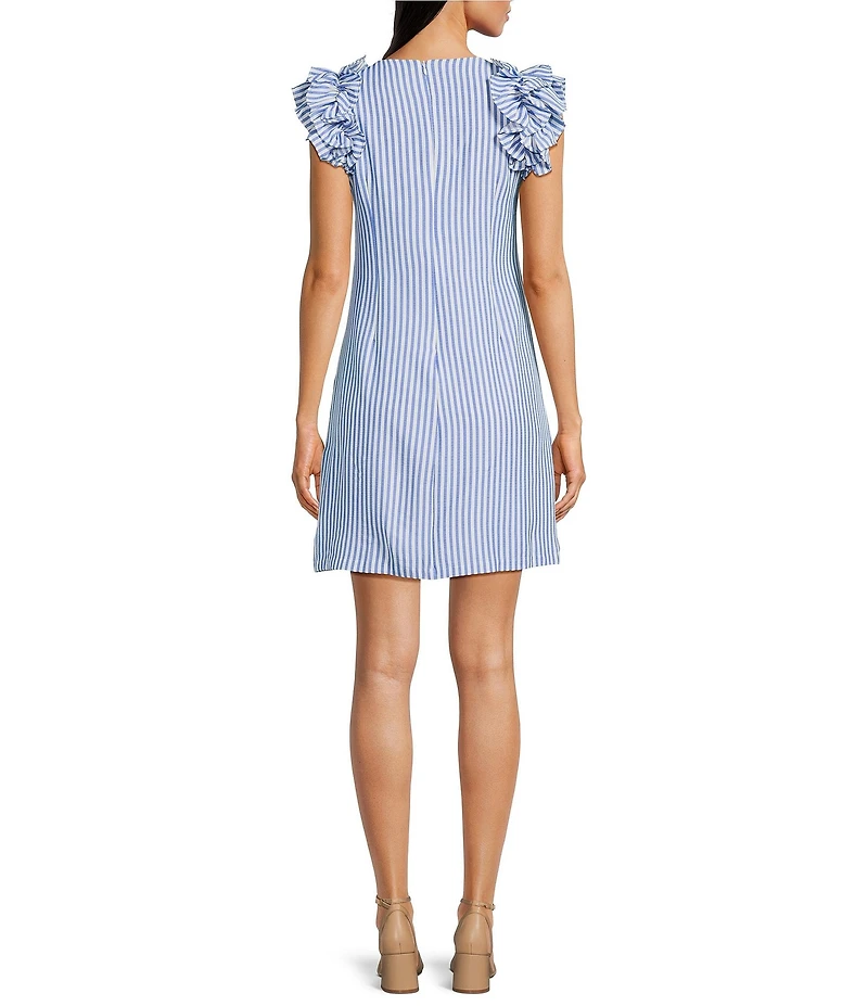 Jessica Howard Petite Size Stripe Seersucker Crew Neck Ruffle Shoulder Sleeveless Shift Dress