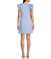 Jessica Howard Petite Size Stripe Seersucker Crew Neck Ruffle Shoulder Sleeveless Shift Dress