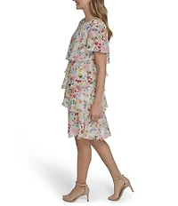 Jessica Howard Petite Size Tiered Floral Chiffon Flutter Sleeve Dress