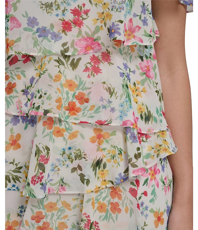Jessica Howard Petite Size Tiered Floral Chiffon Flutter Sleeve Dress