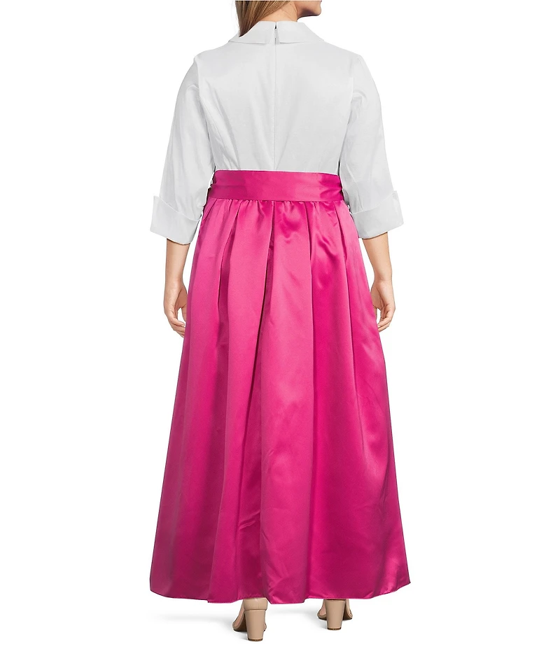 Jessica Howard Plus Size 3/4 Cuff Sleeve Collared V-Neck Tie Sash Ball Gown