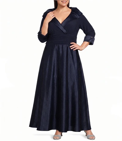 Jessica Howard Plus Size 3/4 Sleeve Rhinestone Cuff Surplice Neck Ruched Waist Long Dress